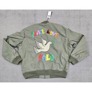 Polo Ralph Lauren Men's Olive Green Patch Peace Love Graphic Bomber Jacket XL